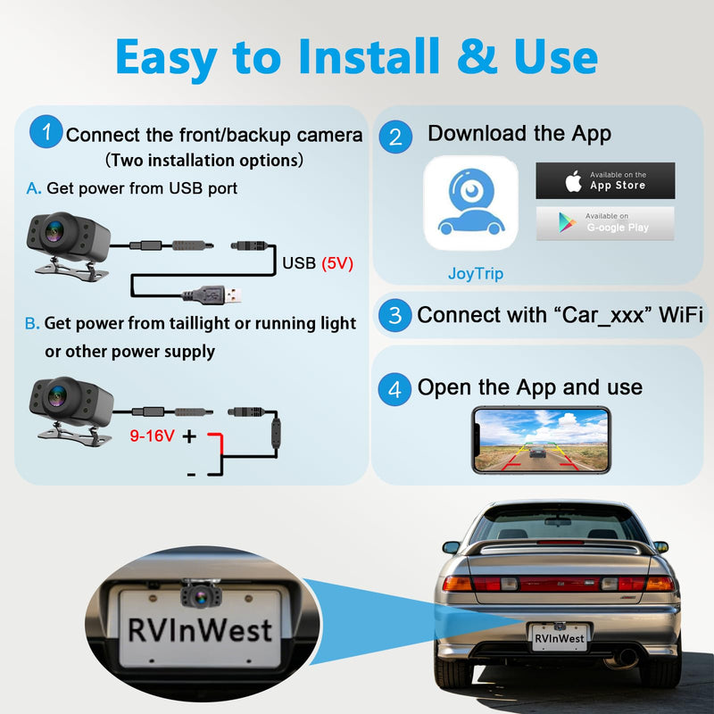 Wireless Backup Camera, RVInWest 1080P WiFi Waterproof Night Vision Wide View Angle, Stable Sign Front Rear View Camera for Car Truck SUV Pickup Camper Van Trailer for iPhone iPad Android Smartphone