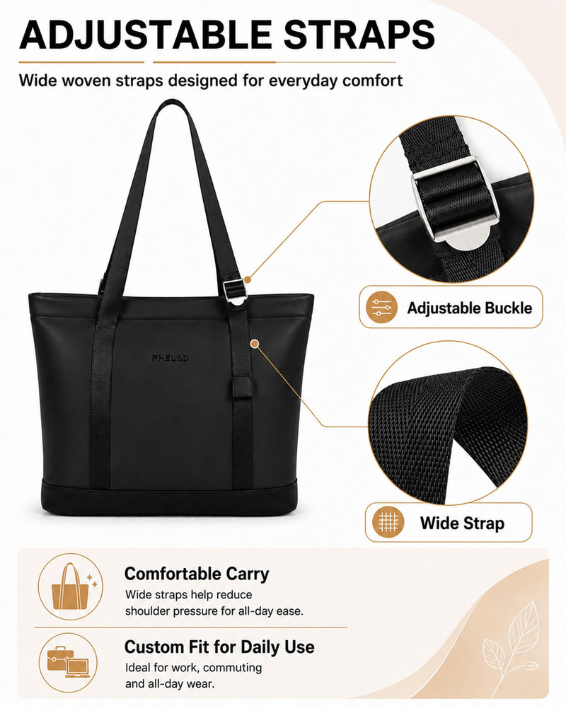 FHELAD Laptop Tote Bag for Women, Vegan Leather Work Shoulder Bag | 14 in Laptop Compatible, Tracker Slot, Padded, Compact, Office, College Black