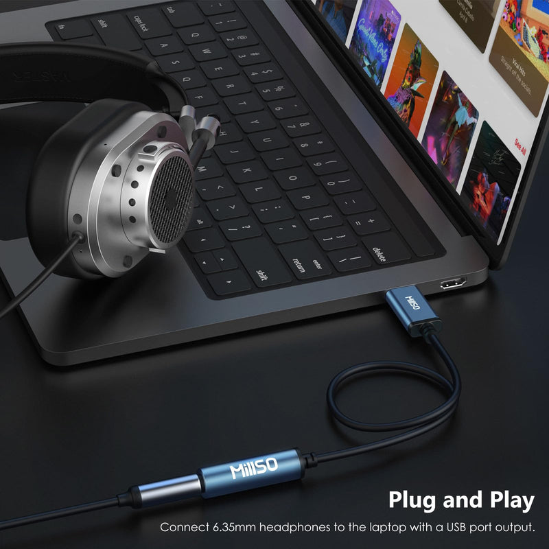 MillSO USB to 1/4 Jack Audio Adapter Type-A to 6.35mm Female TRS Headphone Aux Adapter Stereo USB External Sound Card for Laptop, PC, Amplifier, Speaker, 6.35mm Headphone 12 inch USB-A Male to 1/4 Female