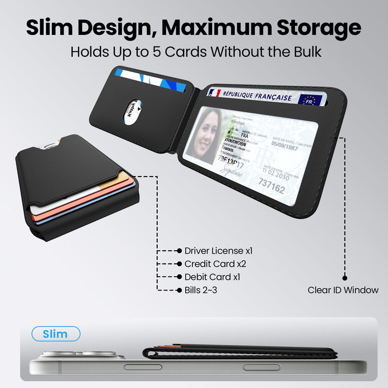 Symcele for MagSafe Wallet with Adjustable Stand, 5 Card Holder, Black | with RFID Blocking, MagSafe Ring Included, Strong Magnetic Wallet for iPhone 17/16/15/14/13/12 Series Pro Max Plus, Samsung