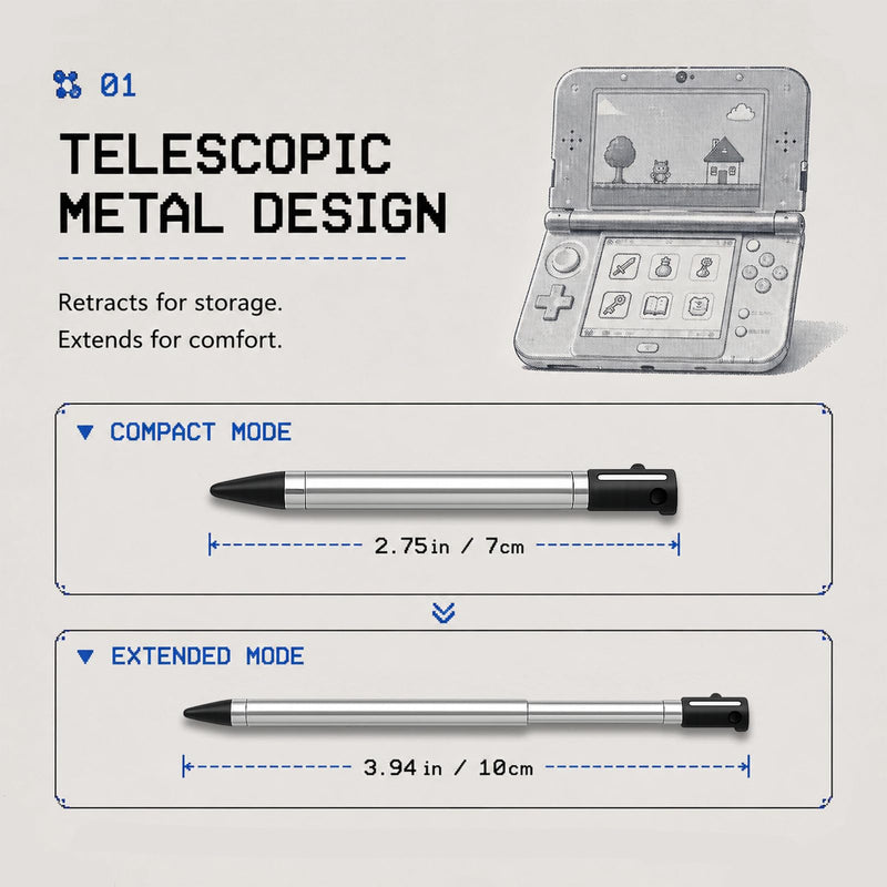Retractable Stylus for Nintendo 3DS XL [5 Pack], Telescopic Metal Pen 3.74"-4.88" (9.5-12.4cm), Designed for 3DS XL Console Slot — Blue, Red, White, Black, Light Green