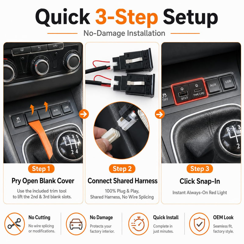 VW Jetta MK6 Golf MK5 MK6 Accessories, 72W Fast Car Charger with Red LED | For Jetta MK6 2010-2014 Golf GTI MK5 MK6 2006-2013 36W PD + 36W QC3.0 Keeps phone & GPS fast-charging, Driving with red light