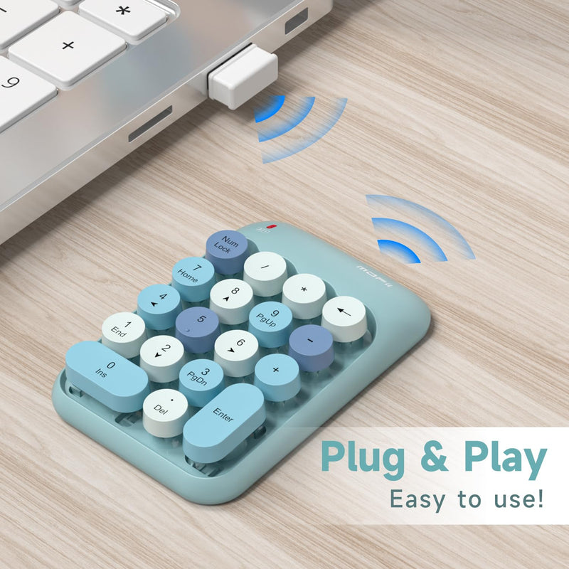 MOFII Wireless Number Pads - Blue Numeric Keypad 18 Keys USB 2.4G Round Keycap Colorful Extensions Keypads, Financial Accounting Portable Numpad 10 Key for Laptop/PC/Notebook/Surface Pro