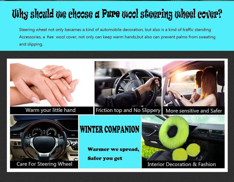 Car Steering Wheel Cover Gear Shift Handbrake Fuzzy Cover 1 Set 3 Pcs Multi-Colored with Winter Warm Pure Wool Fashion for Girl Women Ladies Universal Fit Most Car (Grass Green) Grass green