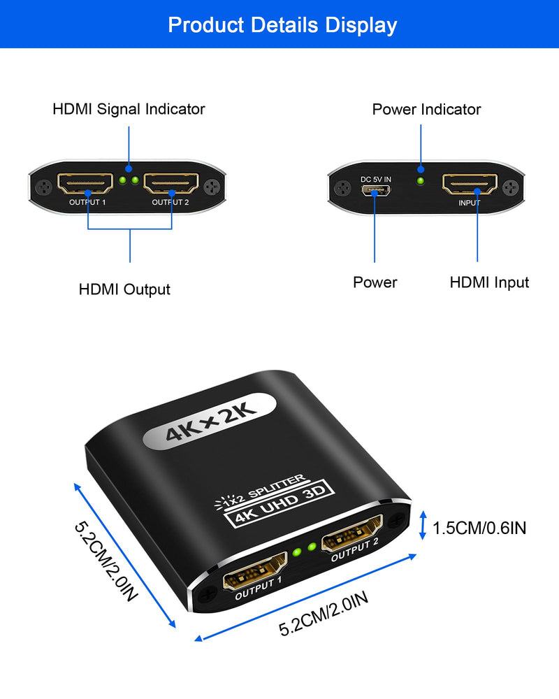 CLOSS HDMI Splitter 1 in 2 Out, 4K HDMI Splitter for Dual Monitors Supports 3D Full HD 1080P Aluminum HDMI Spliter Dual Monitor HDMI Adapter Compatible for PS4 Fire Stick HDTV(1 Source to 2 Displays) Black