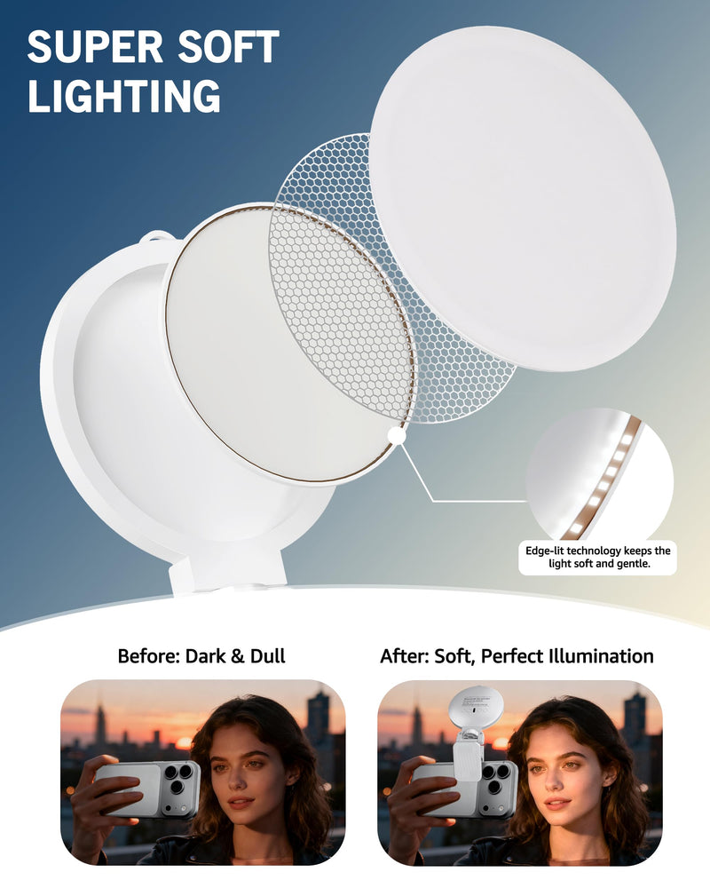 NiceVeedi 3 Color Soft Selfie Light Phone Light with Clip, Portable Edge-lit Ring Light, Rechargeable Video Conference Lighting for iPhone/Selfies/Makeup/Live Streaming/TikTok/Vlog/Zoom/Video Calls