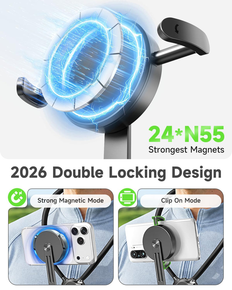 2-in-1 Magnetic&Clip-on Neck Phone Holder,59" Extended Chest Strap | Hands Free POV/Vlog Phone Neck Holder,Magnetic Neck Mount for Phones,iPhone 12-17&Android,Comfortable Recording