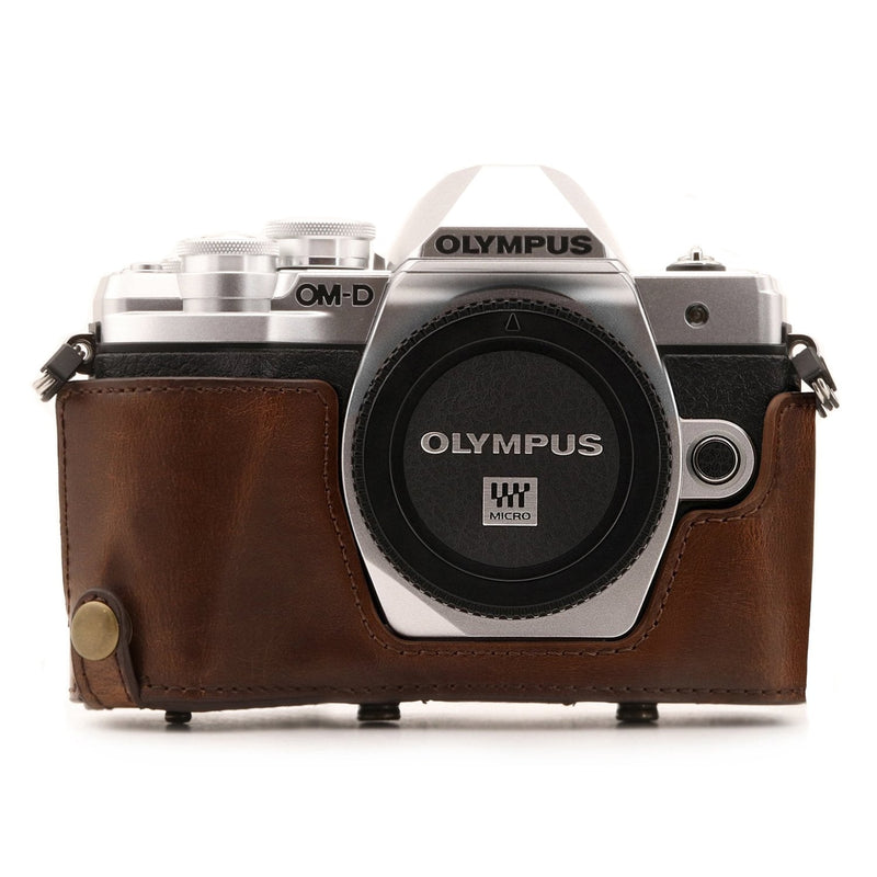 MegaGear Olympus OM-D E-M10 Mark III (14-42mm) Ever Ready Leather Camera Case and Strap, with Battery Access - Dark Brown - MG1346