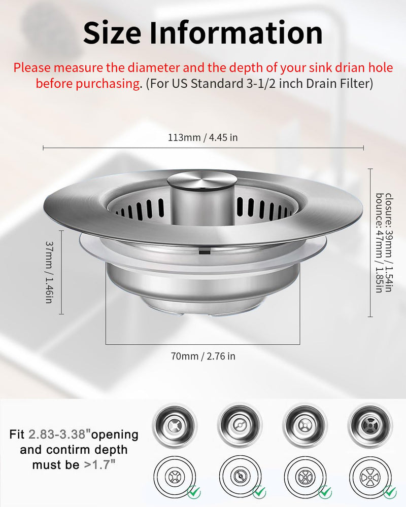 3 in 1 Kitchen Sink Drain Strainer [304 Stainless Steel Pop Up] Anti-Clogging Kitchen Sink Drain Stopper Stainless Steel Drainage Odor Filter Sink Plug for Us Standard 3-1/2 Inch (2 Pack) SUS304 Drain Strainer-2Packs