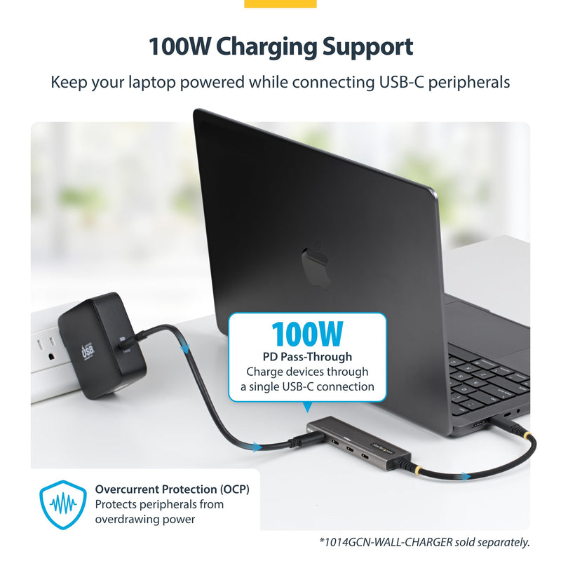 StarTech 4-Port USB-C Hub 10Gbps with 100W PD Charging (309B-USBC-HUB) | 3 dedicated 10Gbps USB-C data ports plus 1 shared data or PD port, Overcurrent protection, Driverless