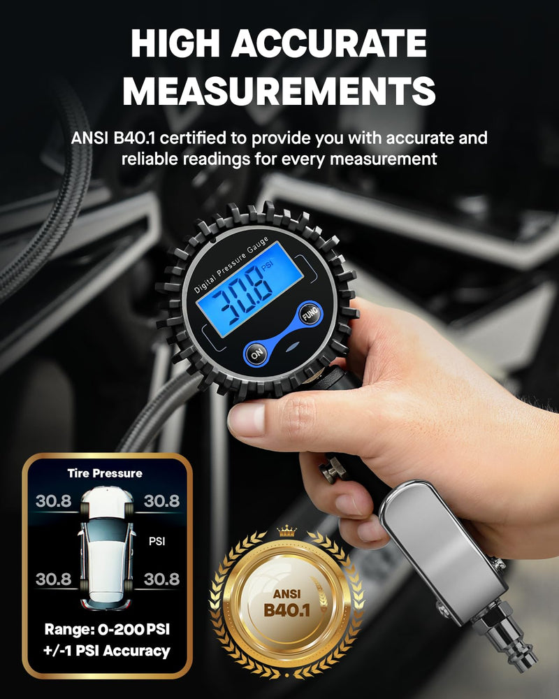 Vondior Digital Tire Inflator with Pressure Gauge 200 PSI - Large 2" Digital Dial, Heavy Duty Air Chuck and Compressor Accessories with Tire Tread Depth Gauge and Quick Connect Coupler Car Accessories 3-200 PSI