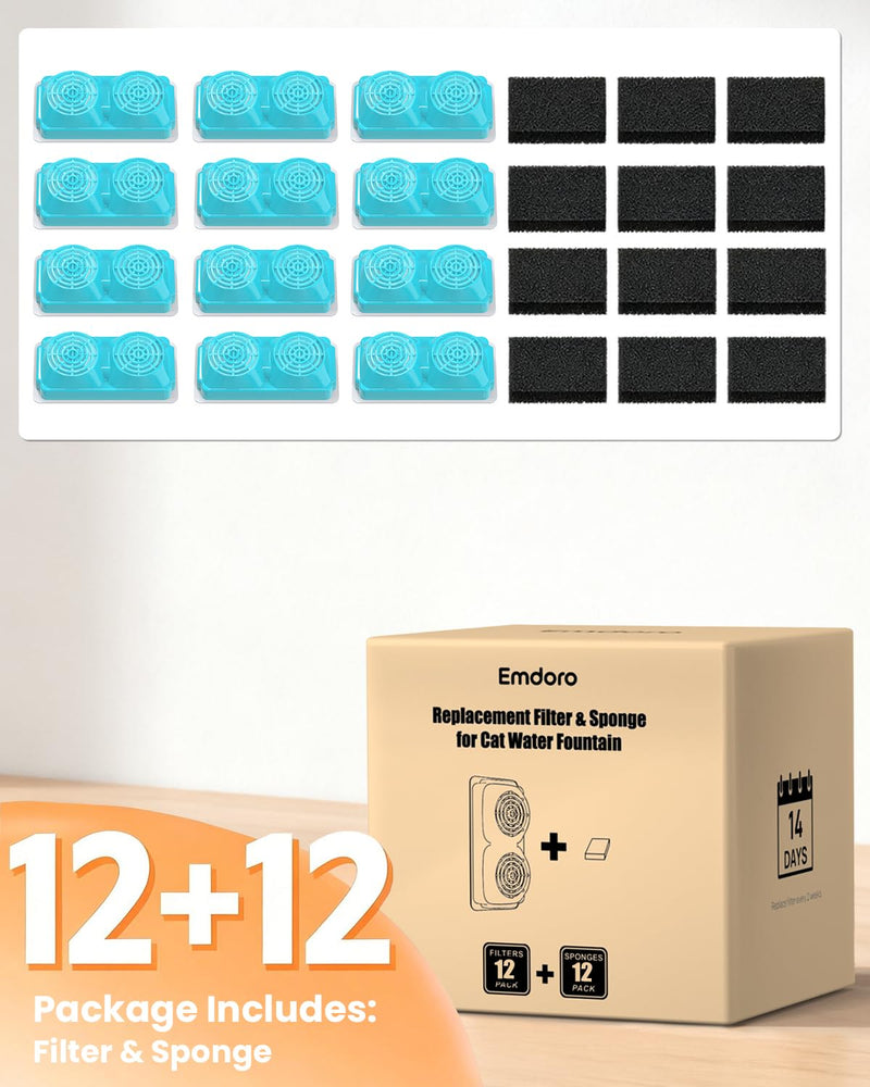 12 Pack of Official Replacement Filters and Sponges (6 Months Set) for Emdoro Stainless Steel Pet Water Fountain 12 Filters + 12 Sponges