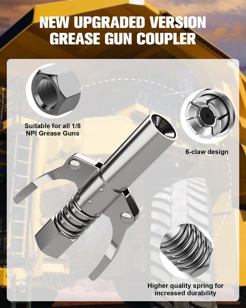 Grease Gun Coupler Grease Gun Tips Grease Fittings, Double Handles, Quick Lock Release, High Pressure 10,000 PSI, 6 Thickened Jaws Grease Coupler, Compatible with All 1/8" NPT Grease Guns Pro Version - 1 PC
