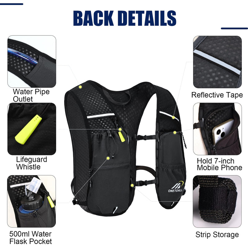 Running Vest for Women & Men, Lightweight 150g Hydration Backpack, 6L Pack for Trail Running, Marathon, Hiking, Cycling, Jogging, Adjustable Fit Black Vest with 2L Bladder