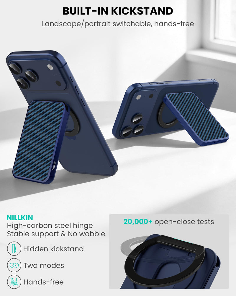 Nillkin MagSafe Wallet Stand, Hold 3 Cards, Aramid Fiber, Adjustable Stand | RFID Blocking, Men Credit Card Holder, Phone Wallet for iPhone 17 Pro/16/15/14/13/12, Fit for Samsung, MagSafe Case, Blue