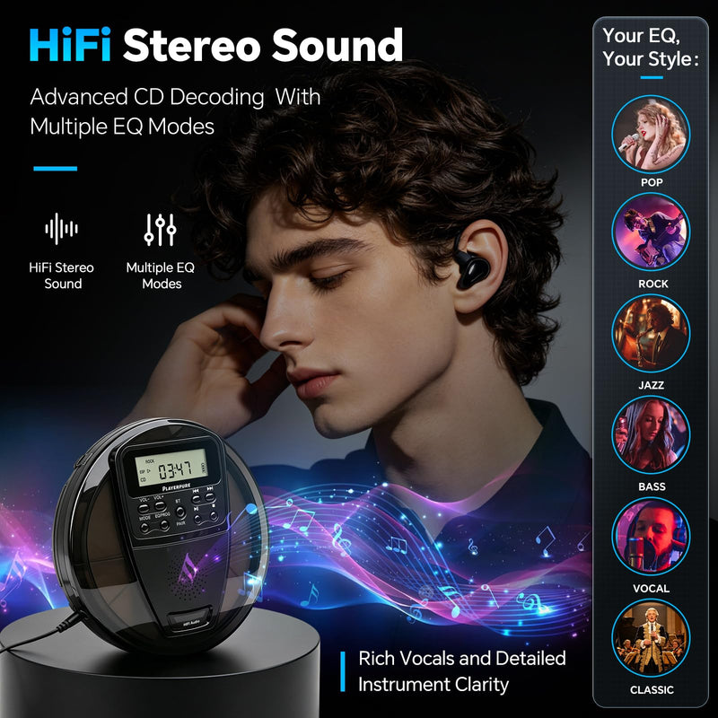 Portable CD Player with Bluetooth and Speaker, 10H Playtime Rechargeable Personal CD Player, HiFi Stereo Sound, 60s Anti-Skip Protection, PROG Playback & EQ Modes, Headphones and AUX Cable Included Black