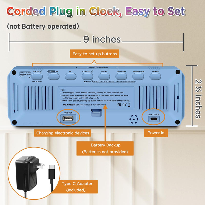  [AUSTRALIA] - Peakeep Loud Digital Alarm Clock Large Display for Bedrooms with Date, Day of Week, Auto DST, Desk Clock Electric Plug in for Living Room, Battery Backup, USB Port, 5 Dimmers Blue Rgb