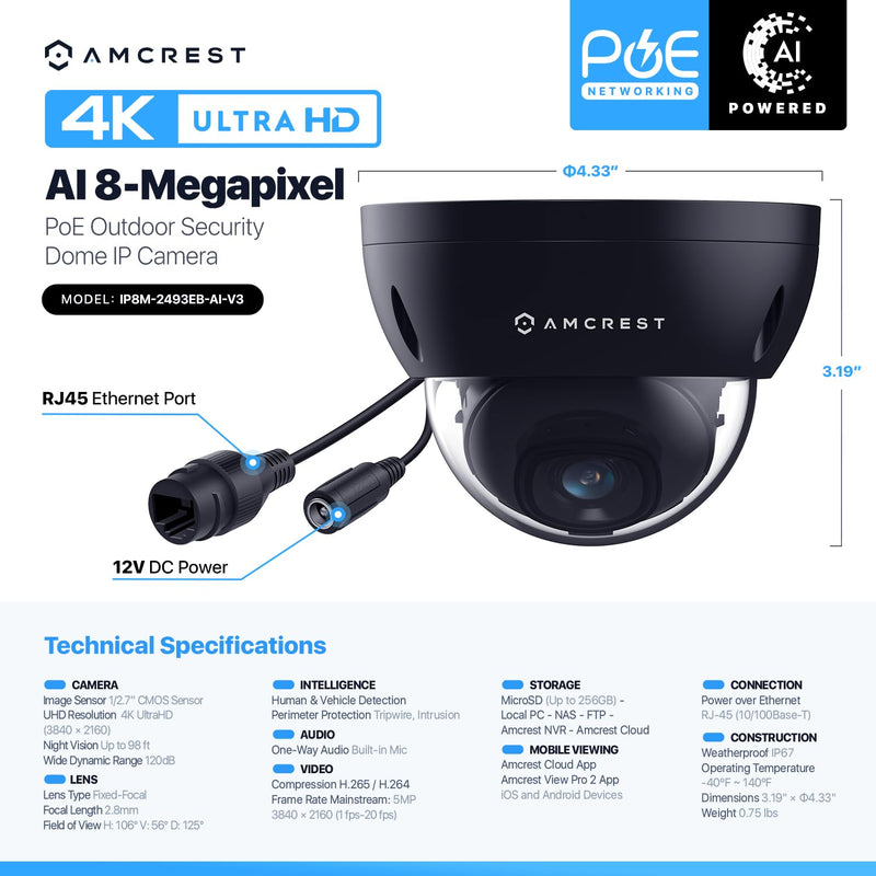 Amcrest UltraHD 4K (8MP) Dome POE IP Camera, 3840x2160, 98ft NightVision, 2.8mm Lens, IP67 Weatherproof, 125° FOV, 256GB MicroSD Recording, Black (IP8M-2493EB-AI-V3)
