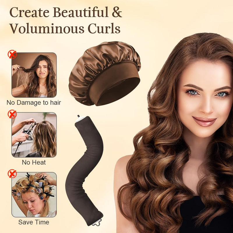 AOOWU 4PCS Heatless Curling Rods, Heatless Blowout Rods with Satin Silk Bonnet, Overnight No Heat Hair Rollers, Flexi Bars with Hooks, Heat Free Curling Iron for All Hair Types, Sleep DIY Hair Curls 4 count (Pack of 1) Coffee