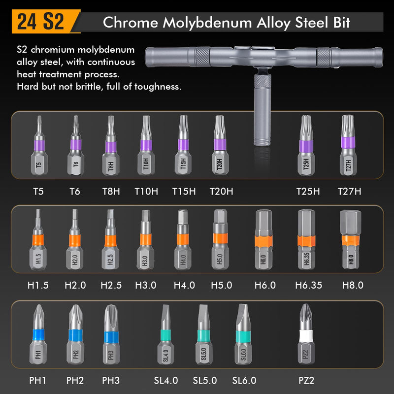 24 in 1 Magnetic Ratchet Screwdriver Set, DIY Magnetic Screwdriver Set with Detachable T Handle Ratchet Screwdriver for Furniture, Computer, Watch, Mobile Phone, Precision Electrical Appliance Repair
