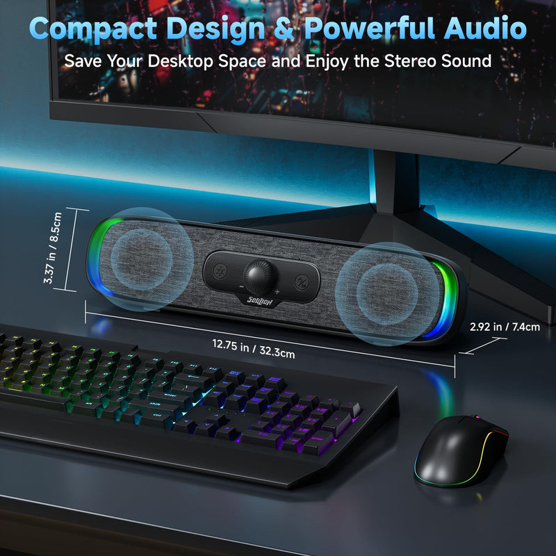 SOULION R200 Bluetooth Computer Speakers, Compact PC Speakers, USB C/USB Plug & Play Desktop Speaker with Colorful LED Lights, Clear Sound PC Soundbar for Computer Desktop Laptop Monitor