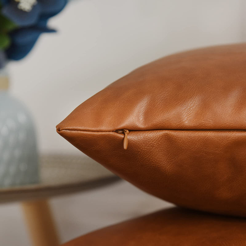 Tosewever Faux Leather Throw Pillow Covers, 20 x 20 inch Set of 2 Luxury Cognac Brown Modern Pillowcases Solid Decorative Square Cushion Cases for Bedroom Living Room Couch Bed Sofa (Brown, 20" x 20") 20" x 20" (Pack of 2)