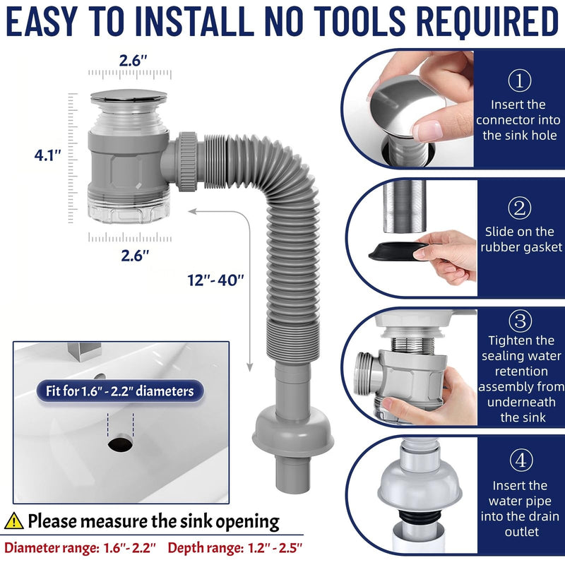 Bathroom Sink Drain Kit with Flexible Expandable Pipe: Odor-Free & Backflow-Preventing, Space-Saving Design without a P-trap, For 1-1/4'' & 1-1/2'' Drain Hole (Chrome, With Overflow) Chrome
