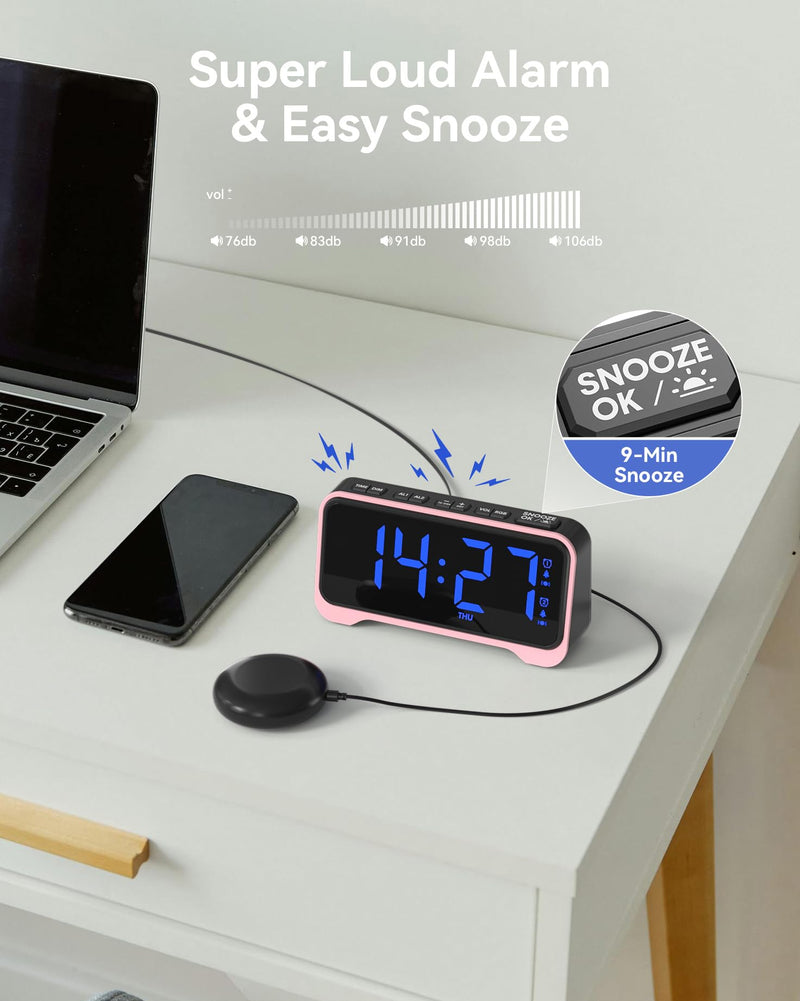 Loud Alarm Clock for Heavy Sleepers Adults, Bed Shaker Alarm Clock with 10-Color Modes/Night Light/USB Charger/7 Dimmer/Battery Backup, Vibrating Alarm Clocks for Hearing Impaired Deaf, Kids, Teens Pink With Bed Shaker