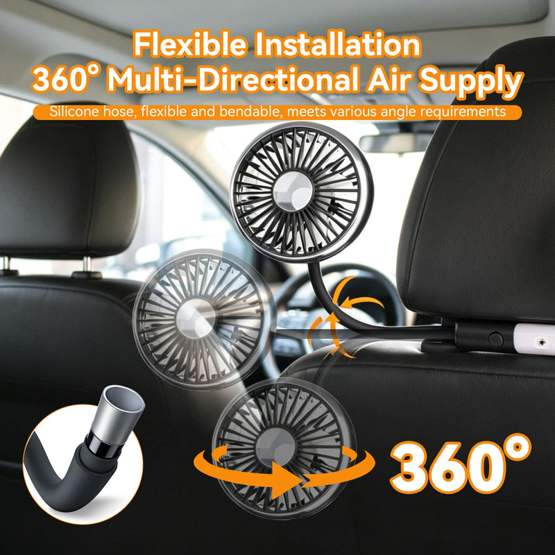 Car Fans for Backseat for Kids Baby Back Seat Carseat Headrest Rear Facing | 360° Flexible Hose 3-Speed USB Powered Dual Head Cooling Fan with Dual-Level LED Light for No AC Passengers (No Battery)