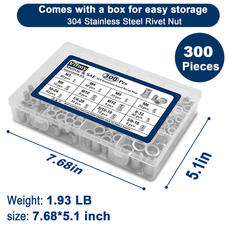Metric & SAE Rivet Nut Assortment Kit(300 Pcs), M3 M4 M5 M6 M8 M10 M12#8-32#10-24 1/4"-20 5/16"-18 3/8"-16 304 Stainless Steel Rivnut Set UNC Flat Head Nutsert SAE & Metric Assortment - 300 Pcs Silver