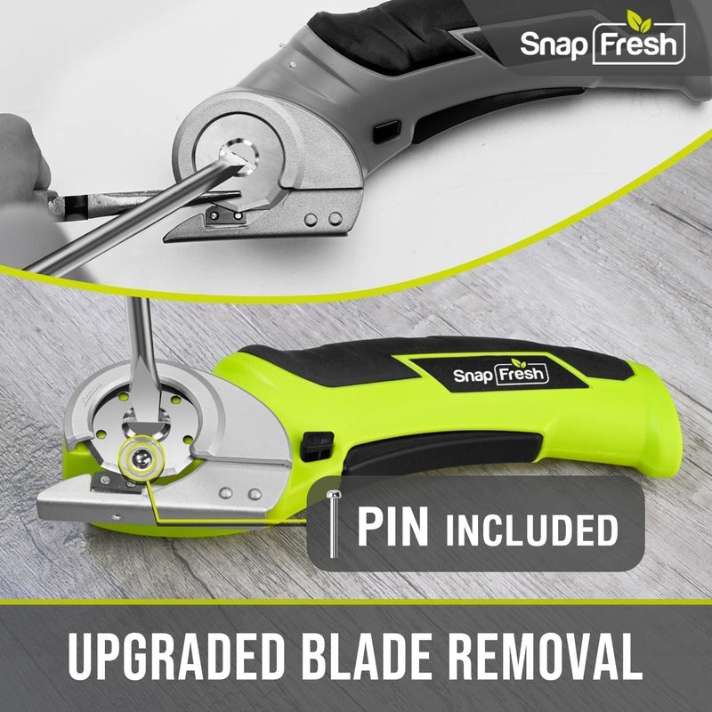 SnapFresh Cordless Electric Scissors, 4V Electric Mini Box Cutter, Carpet & Cardboard Cutter Tool with a Replacement Blade/Charger, Rotary Cutter for Cardboard Packages Leather Plastic （Green） Green