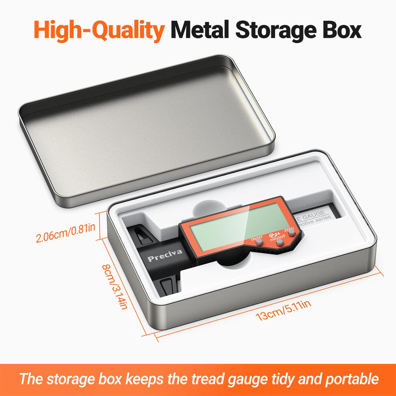 Preciva Tire Tread Depth Gauge, Digital Tire Depth Gauge with Large LCD Display and Inches, Millimeters, Fraction Conversion, Tread Depth Gauge Suitable for Thread Depth, Brake Shoe and Pad Wear Orange