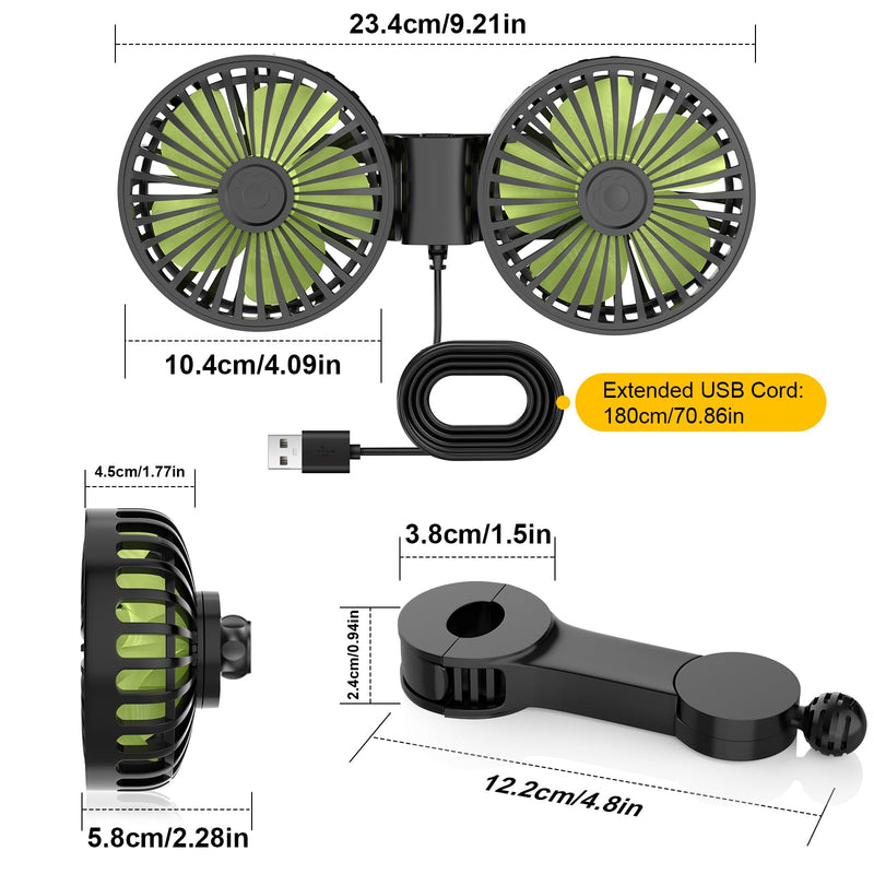 Dual Head USB Car Fan, 3 Speeds 360° Rotatable Backseat Headrest Fan, Quiet 5V/2A Electric Air Circulation Fan for Kids, Pets, Sedan SUV RV Truck black green Large