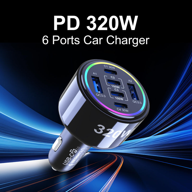 320W USB C Car Charger, 6 Ports Type C Car Charger | PD3.0/QC4.0/PPS Super Fast Charging for iPhone 17/16/15 Series, Galaxy S25/S24/23, iPad, MacBook Pro/Air, Laptop (Black) Black
