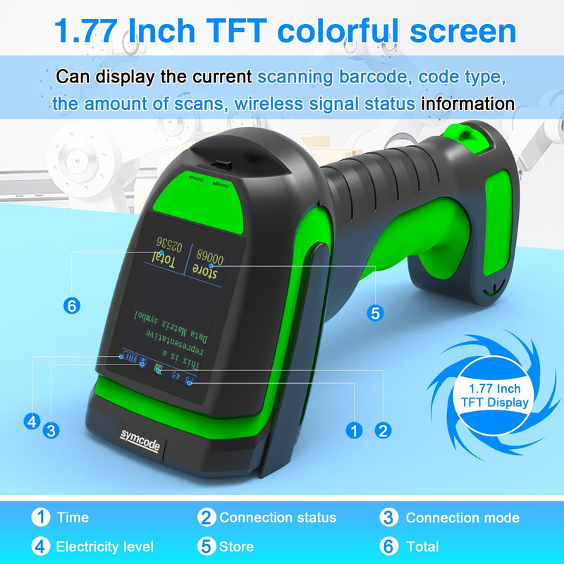 Symcode Upgraded 2D Barcode Scanner with Display Screen 1968 Feet Transmission Distance with Wireless Charging Cradle Bluetooth 433Mhz Wireless USB Wired Handheld Shock Dust Proof Bar Code Scanner