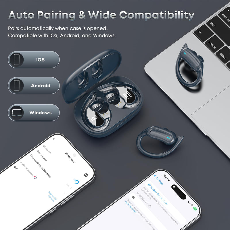 TRAUSI Wireless Earbuds Bluetooth Headphones, 54H Playtime Stereo Over Ear Buds with ENC Noise Cancelling, LED Power Display, IPX7 Waterproof Sport Earphones wih Earhooks for Running/Workouts Blue