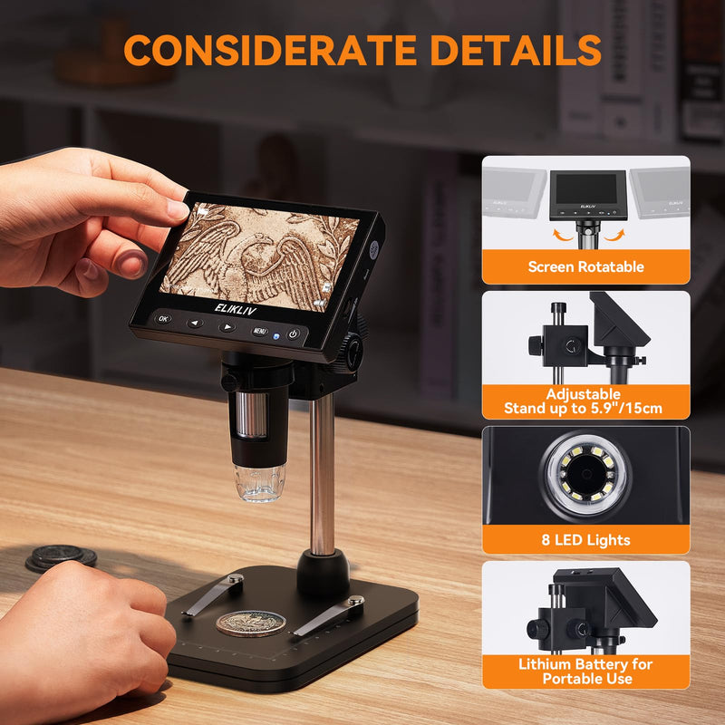 Elikliv Coin Microscope, 4.3'' LCD Digital Microscope 1000x, Coin Magnifier with 8 Adjustable LED Lights, PC View Compatible with Windows/Mac, EDM4B, Black