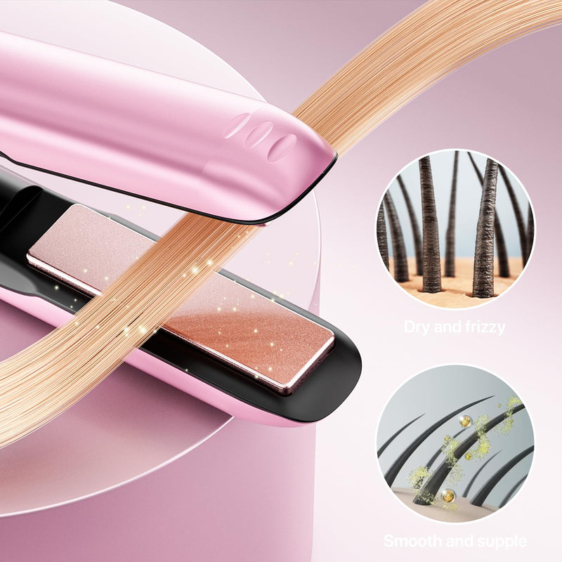 2 in 1 Cordless Hair Straightener & Curler, Wireless Mini Flat Iron for Women, USB Rechargeable Travel Hair Straighteners with 5000mAh Battery, Ceramic Coating for On-the-Go Styling Pink