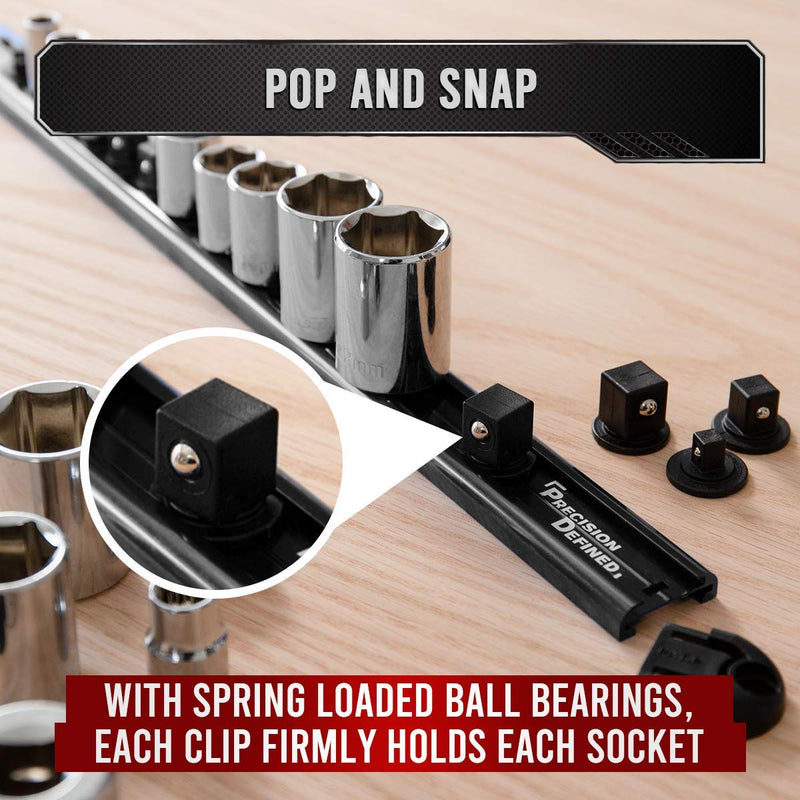 Precision Defined Aluminum Tool Socket Holder | Black, Single 3/8-Inch Socket Organizer x 16 Clips | Heavy Duty Socket Rails Organizer, Socket Storage, Socket Tray 360 Rotation 3/8-Inch Drive