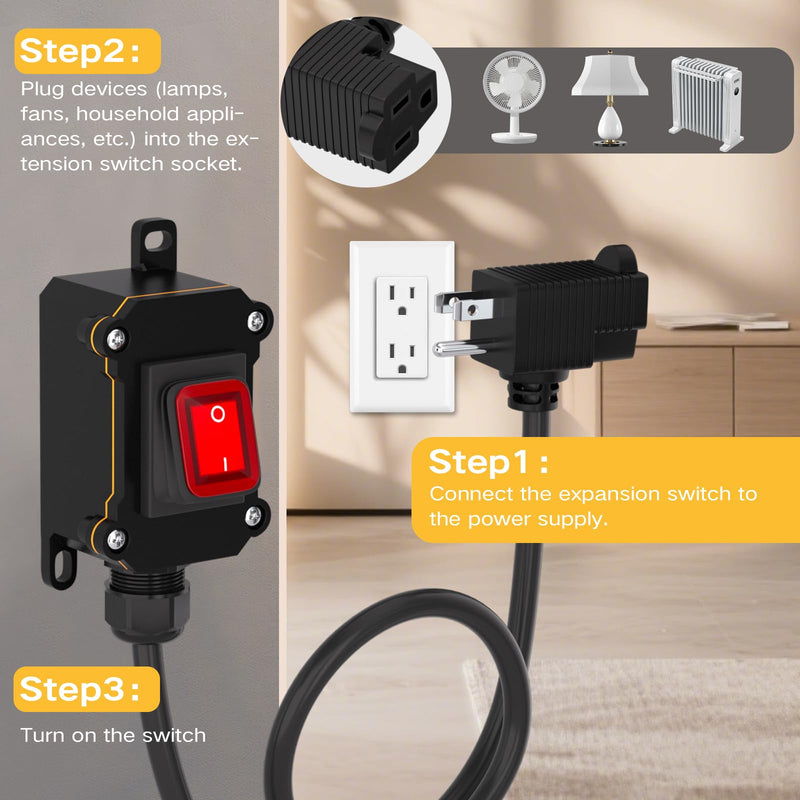 STARELO Extension Cord with on/Off Switch, IP66 Waterproof,Inline Power Switch with 15FT 16AWG Cable Piggyback Plug(3-Pronged), Outdoor Power Switch AC/DC 20A-125V, 16A-250V, Red Light Rocker Button