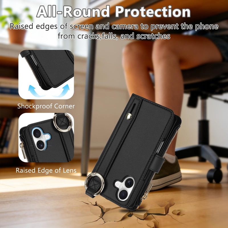 Vofolen for iPhone 17 Case Wallet with Card Holder RFID Blocking Black | Crossbody Strap, Leather Heavy Duty Shockproof Protective, Magnetic Clasp Zipper Pocket, Metal Ring, Wrist Strap Phone Case