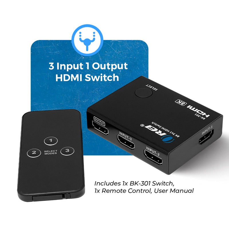 4K@120hz 3x1 HDMI Switch 8K by OREI - Remote Control HDMI Selector 48Gbps High Resolution Switch Between 3 Inputs Prefect for Gaming, PS5, Xbox, HDR10, Dolby Vision (BK-301)