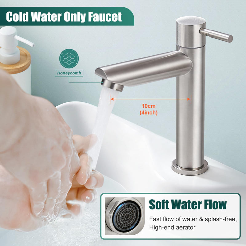 Heyalan Cold Water Only Bathroom Sink Faucet Stainless Steel SUS304 Brushed Nickel Single Handle One Hole Deck Mount Lavatory Faucet (Drain Not Included) Cold Water Only - Short
