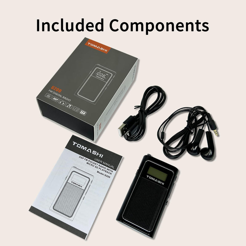 TOMASHI Portable FM Auto Scan Radio, USB-C Rechargeable Pocket Radio | Auto scan FM radio with digital display, speaker and MP3 player. Includes stereo earphones for home, travel and outdoor use.