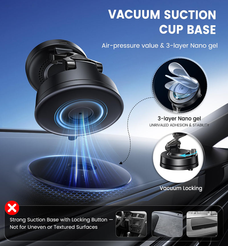 OANDYS 15W MagSafe Car Mount Charger for iPhone 12-17 Pro/Max/Plus/Air | 3200gf Magnetic Wireless Charger, 82LBS Suction Cup Dashboard Phone Holder, 360° Rotatable Magnetic Stand