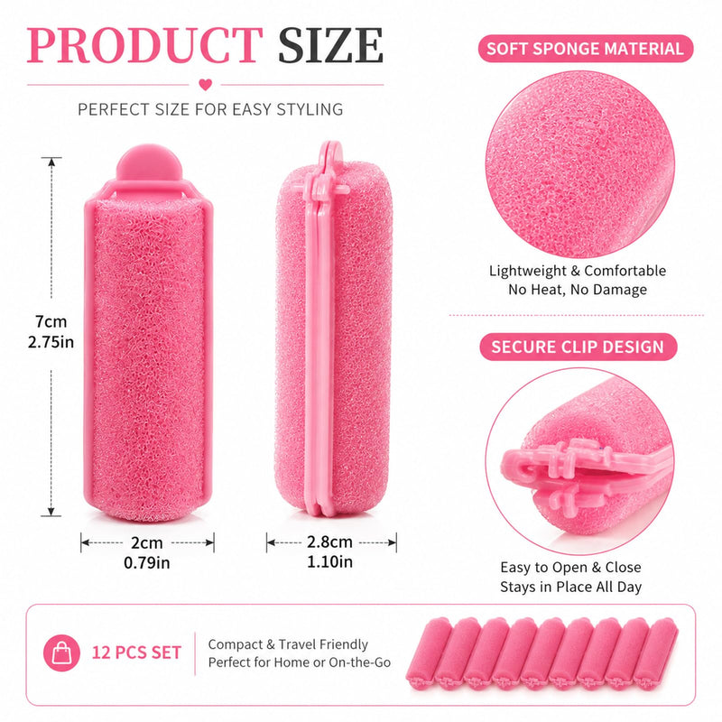 12 Pcs Foam Hair Rollers, Heatless Sponge Hair Curlers No Heat, Pink Soft Curling Tools for Women Girls Kids Long Short Thick Thin Hair, Overnight Sleep Home Salon DIY Use