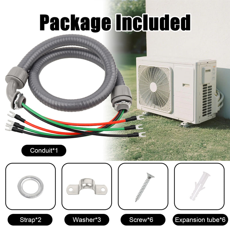 1/2 Inch AC Whip Assembly Kit 4 FT with Terminal, Non-Metallic Liquid Tight Electrical Conduit with 10/3 Gauge THHN Wire for Heater, Air Conditioner, Timer, Mini Split System
