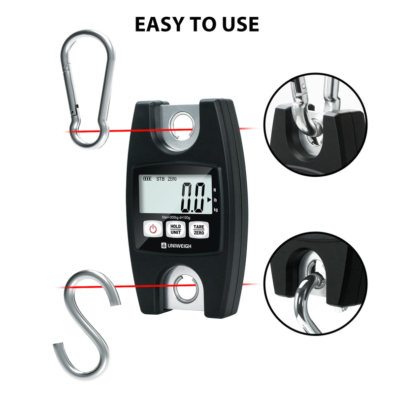 UNIWEIGH Digital Hanging Scale 660lb/300kg Handheld Crane Scales | Industrial Scales with Hooks,Luggage Scales with LCD/Hold/Tare for Weighing,Farm Hunting,Fishing Outdoor,Suitcases(Black)