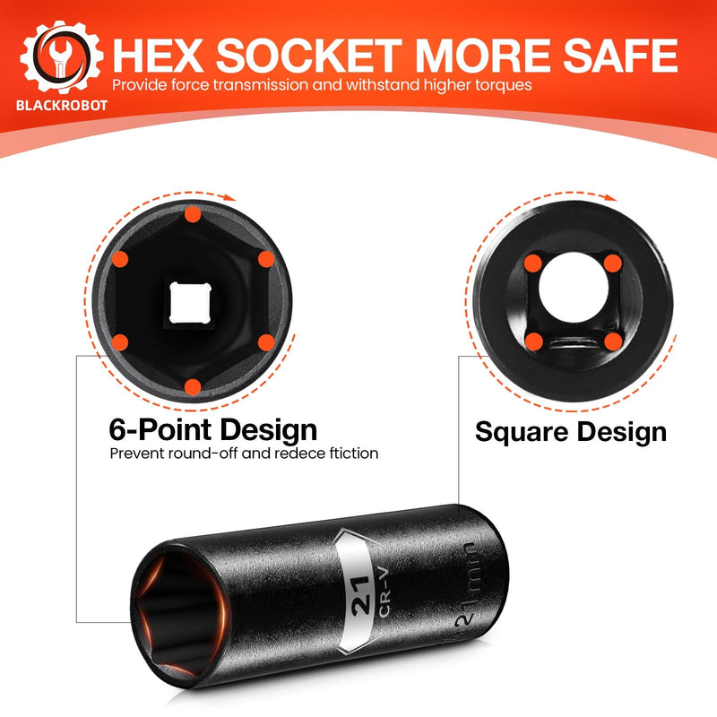 BLACKROBOT 1/2 Inch Drive 6-Point Deep Socket, 21mm Deep Impact Socket, CR-V Steel