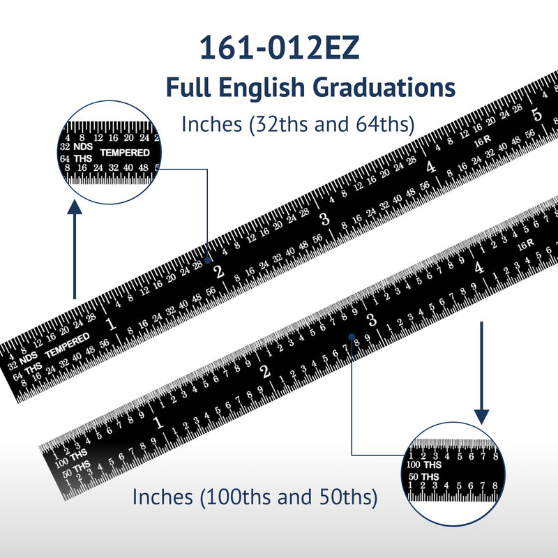 PEC Tools Stainless Steel Ruler Set (6"+12"), High-Contrast Machinist Ruler with Markings 1/32", 1/64", 1/50" and 1/100", Made in USA Black Chrome-Flexible 6"+12"